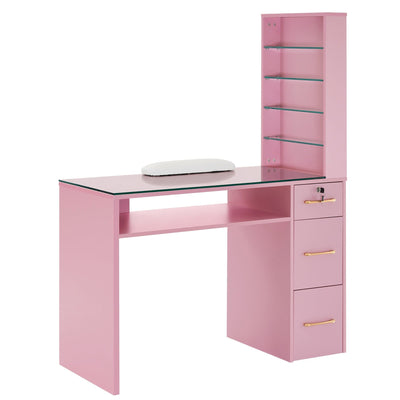 Brooks Salon Furnishing White Glass-Top Organizer Manicure Table Pink DSP-BBP-NTBL-6153-2673PINK