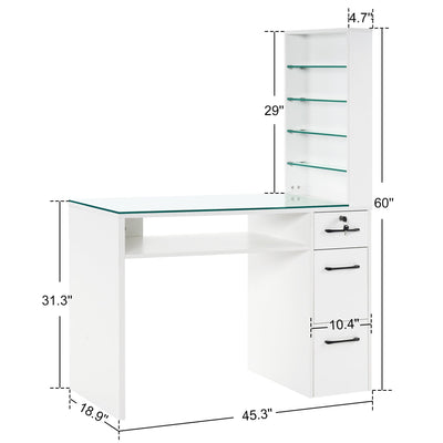 Brooks Salon Furnishing White Glass-Top Organizer Manicure Table