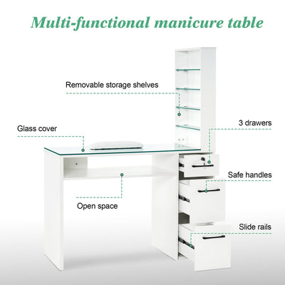 Brooks Salon Furnishing White Glass-Top Organizer Manicure Table