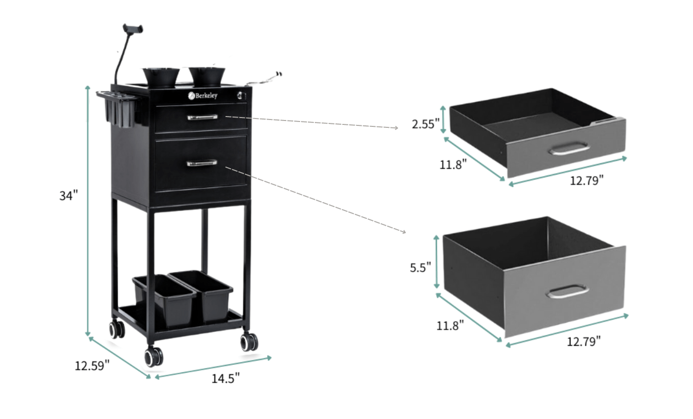 Berkeley Glider Pro Metal Trolley with 2 Magnetic Bowls, Lockable Drawes KIN-TRLY-201